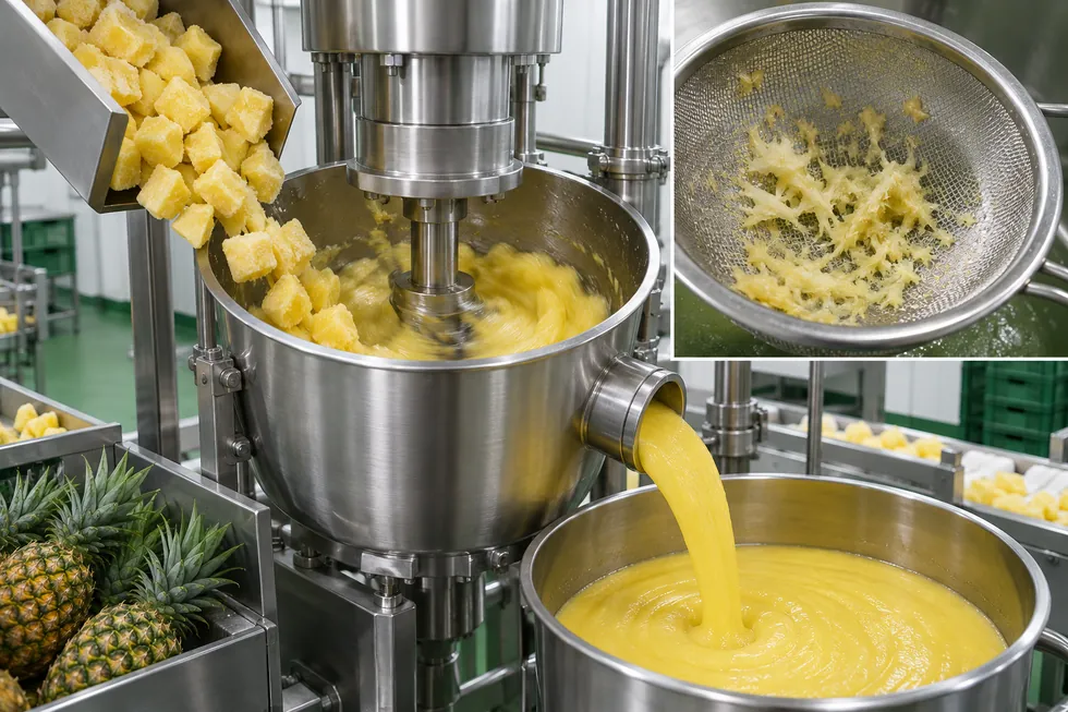 Pineapple chunks converted into puree and screened for fibers