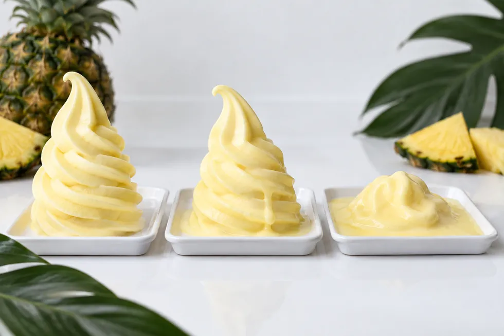 Pineapple soft serve samples at progressive melt stages