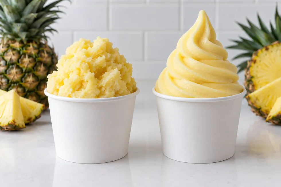 Rustic pineapple blender whip beside a machine-style swirl