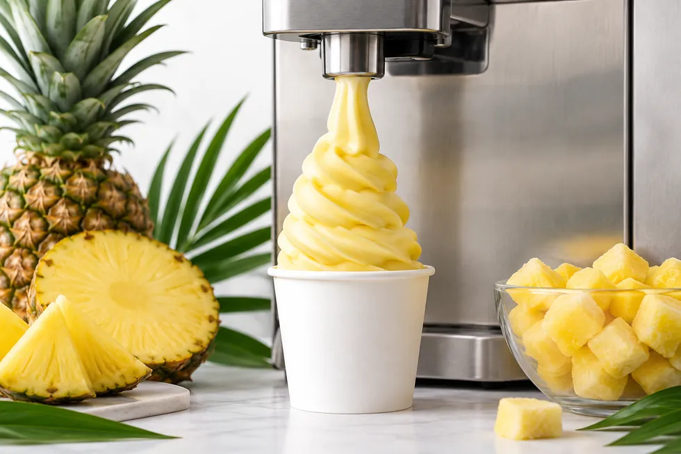 Pineapple soft serve beside frozen pineapple chunks
